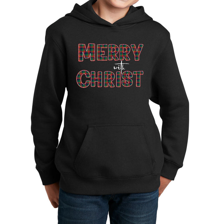 Youth Long Sleeve Hoodie Merry with Christ Red and Green Plaid - Youth | Hoodies