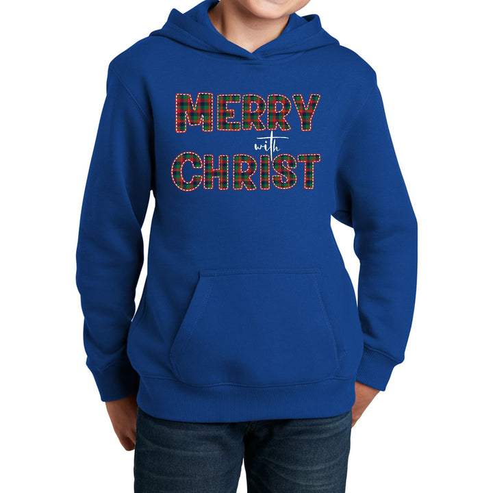 Youth Long Sleeve Hoodie Merry with Christ Red and Green Plaid - Youth | Hoodies