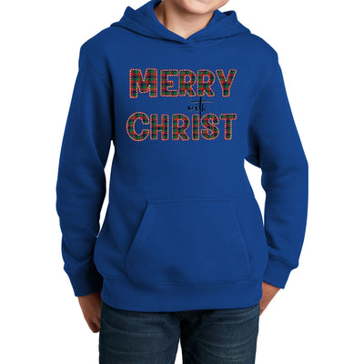 Youth Long Sleeve Hoodie Merry With Christ Red And Green Plaid - Hoodies
