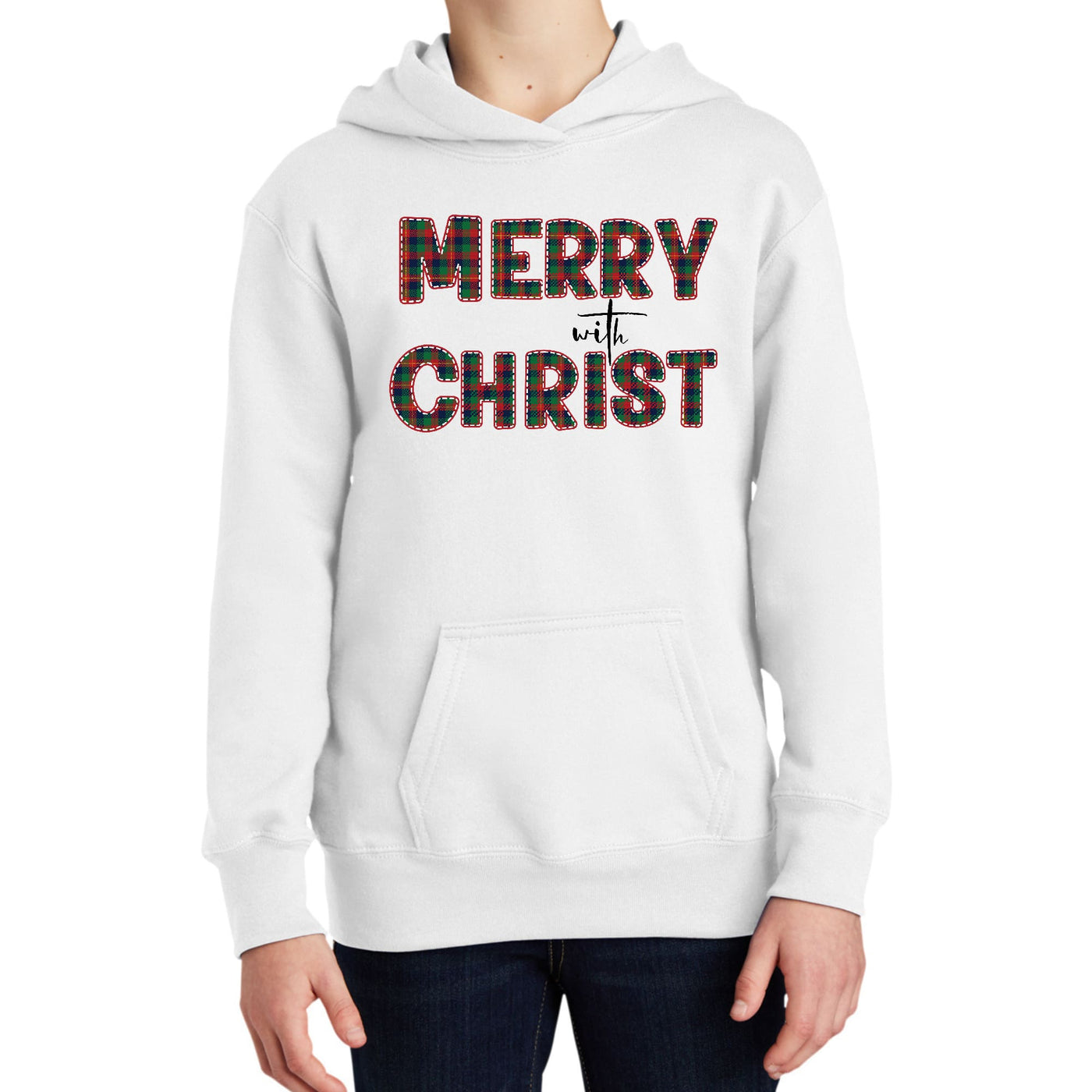 Youth Long Sleeve Hoodie Merry With Christ Red And Green Plaid - Hoodies