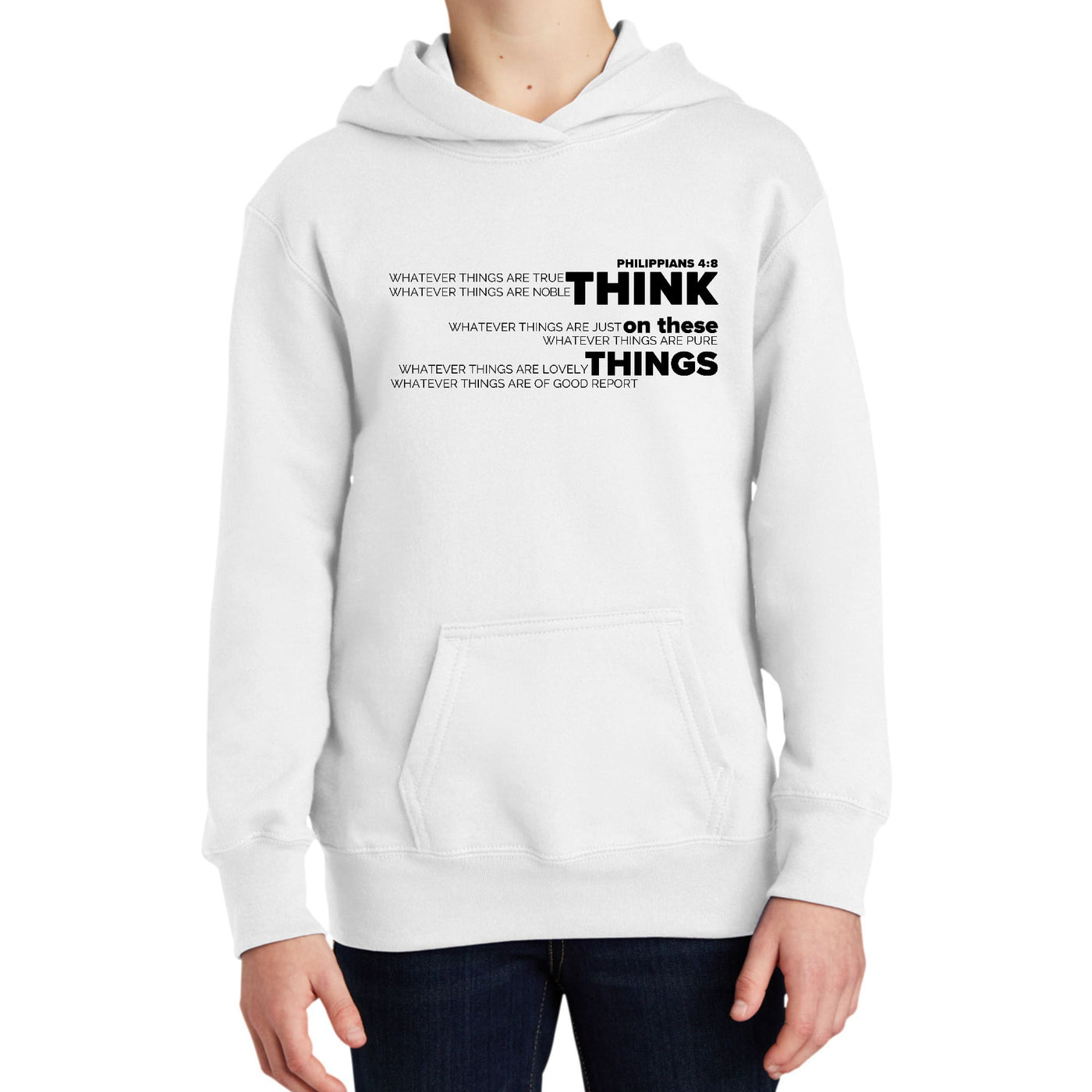 Youth Long Sleeve Hoodie Think On These Things Black Illustration - Youth