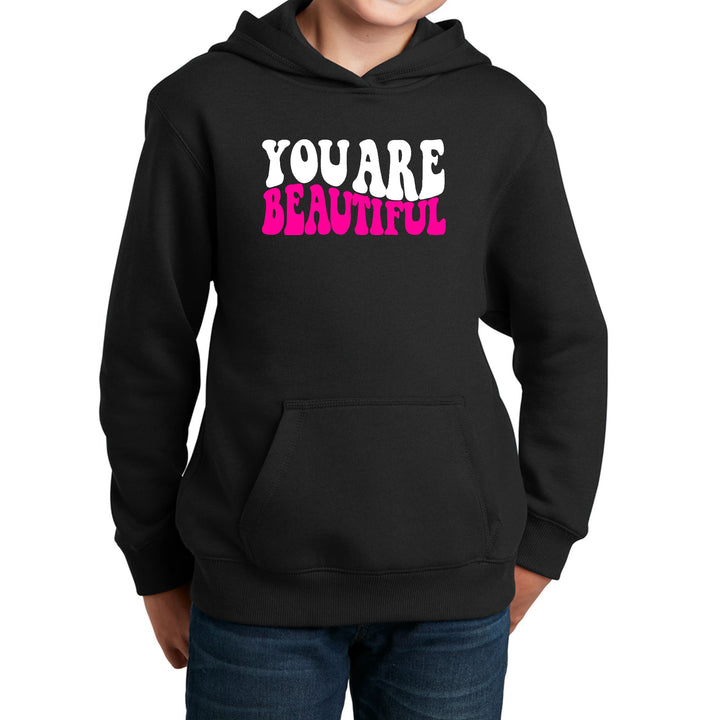 Youth Long Sleeve Hoodie You Are Beautiful Pink White Affirmation - Girls