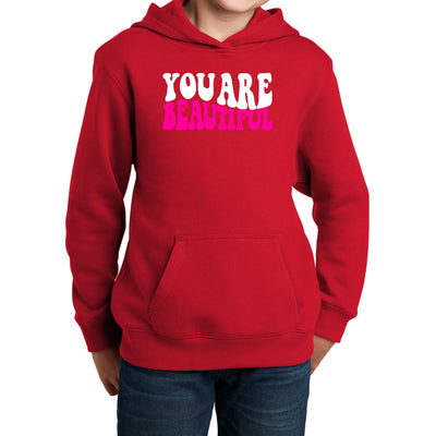 Youth Long Sleeve Hoodie You Are Beautiful Pink White Affirmation - Girls