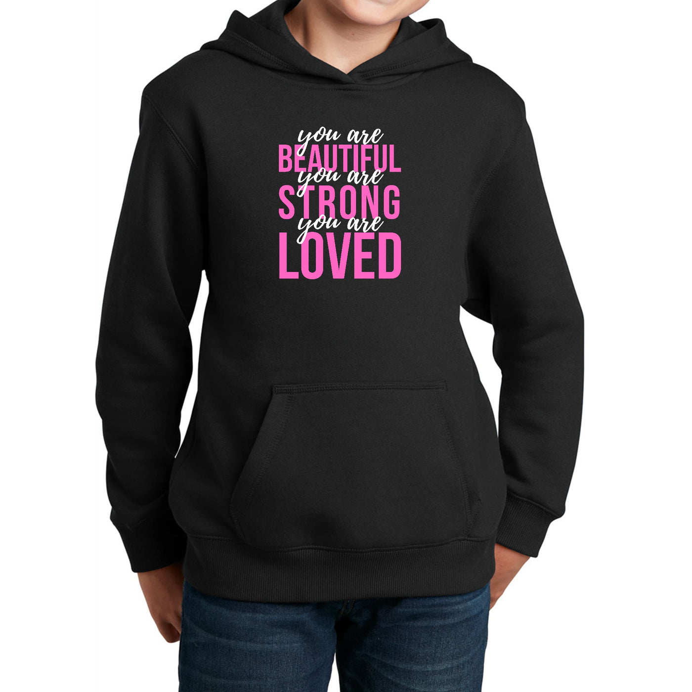 Youth Long Sleeve Hoodie You Are Beautiful Strong Loved Inspiration - Girls
