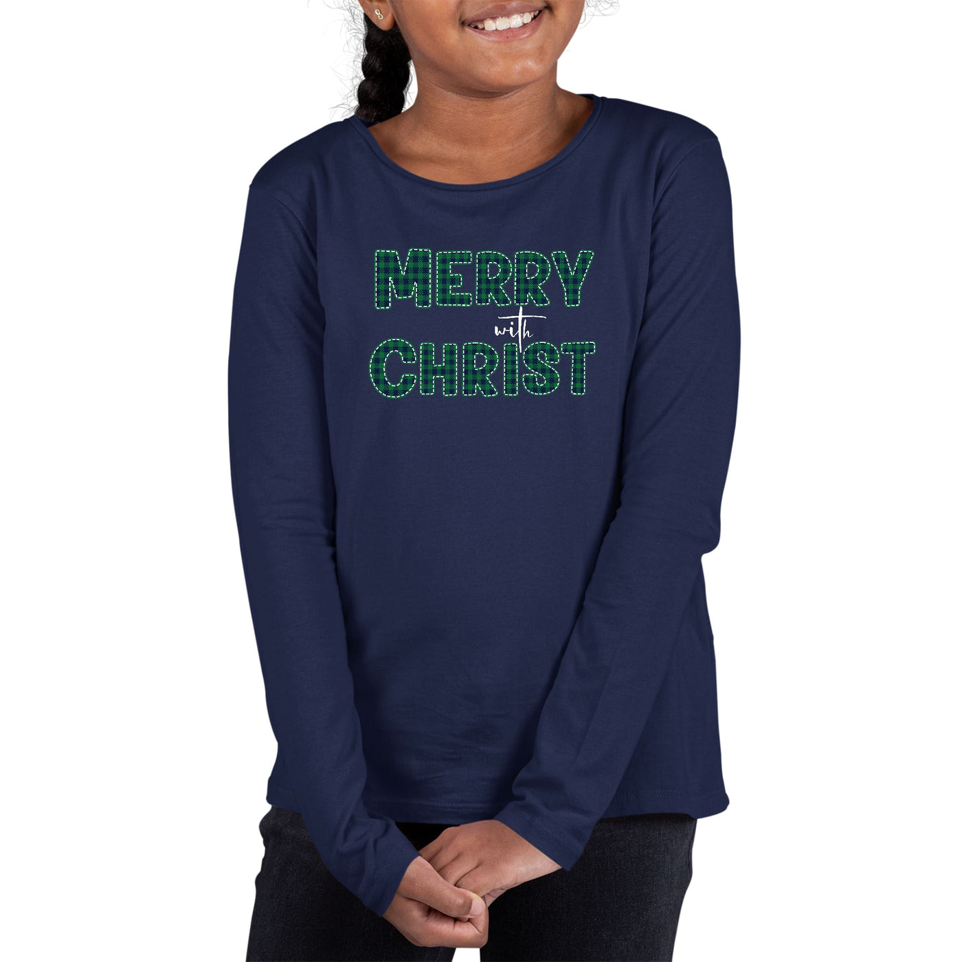 Youth Long Sleeve T-shirt Merry With Christ Green Plaid Christmas - Girls