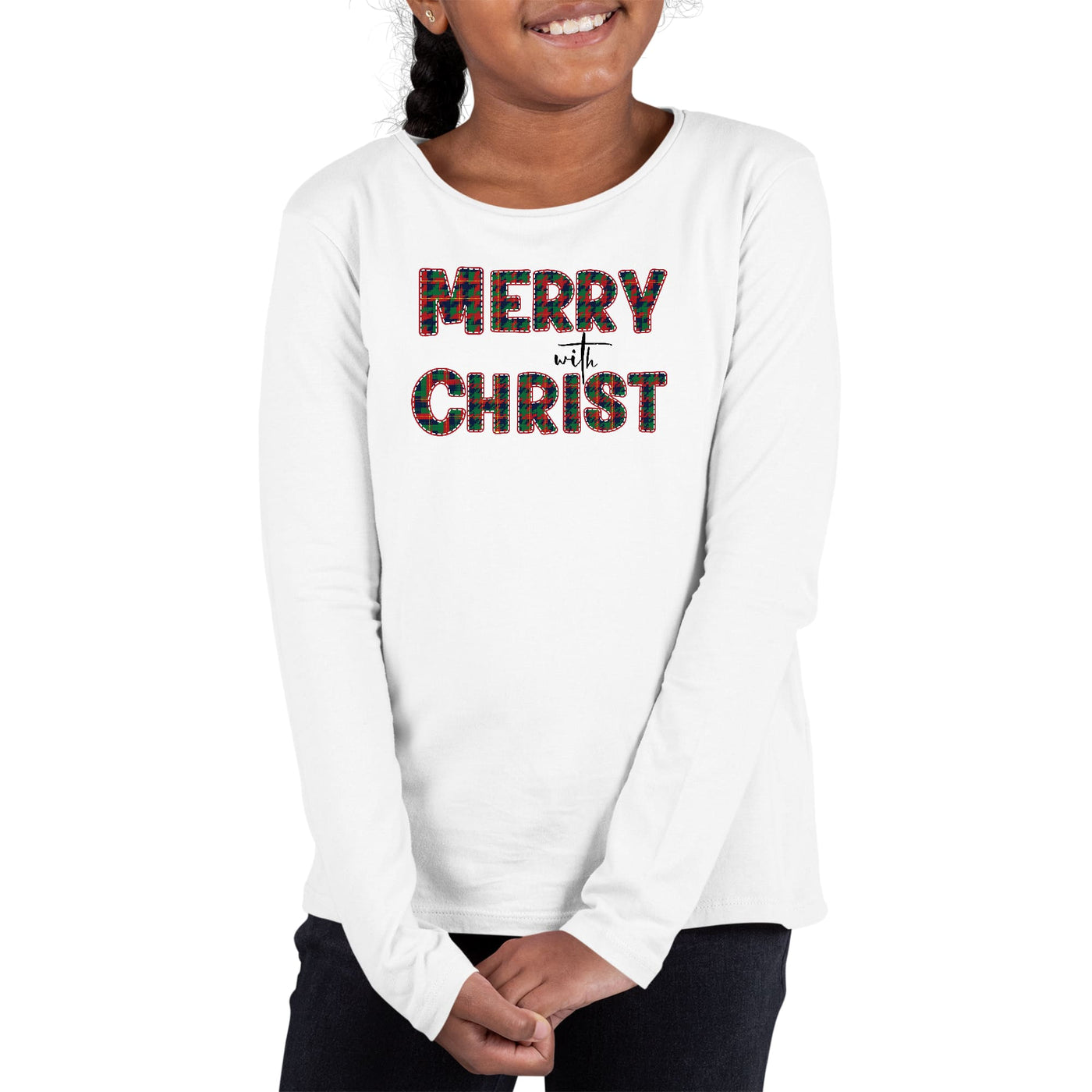 Youth Long Sleeve T-shirt Merry With Christ Red And Green Plaid - Girls