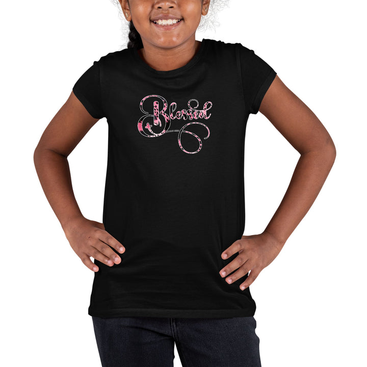 Youth Short Sleeve Graphic T-shirt Blessed Pink and Black Patterned - Girls