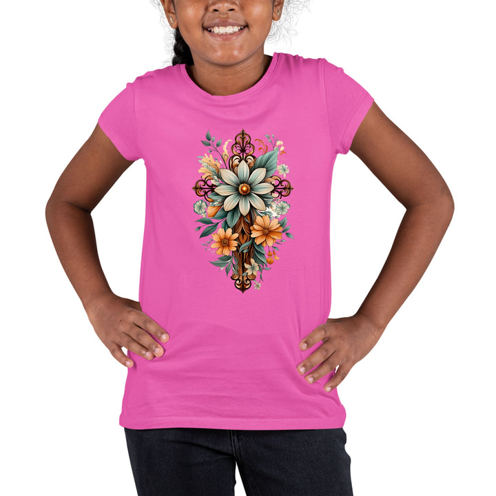Youth Short Sleeve Graphic T-shirt Christian Cross Floral Bouquet