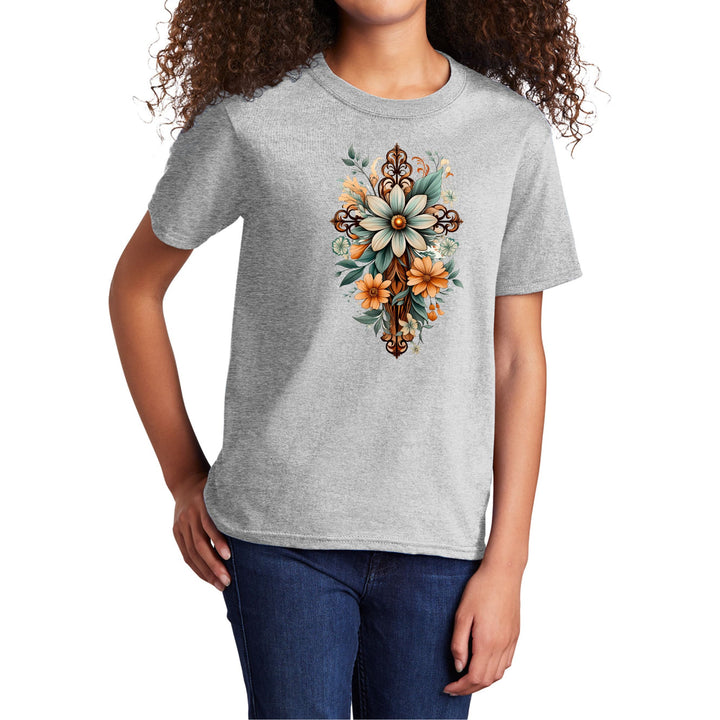 Youth Short Sleeve Graphic T-shirt Christian Cross Floral Bouquet