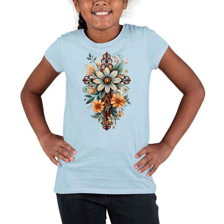 Youth Short Sleeve Graphic T-shirt Christian Cross Floral Bouquet