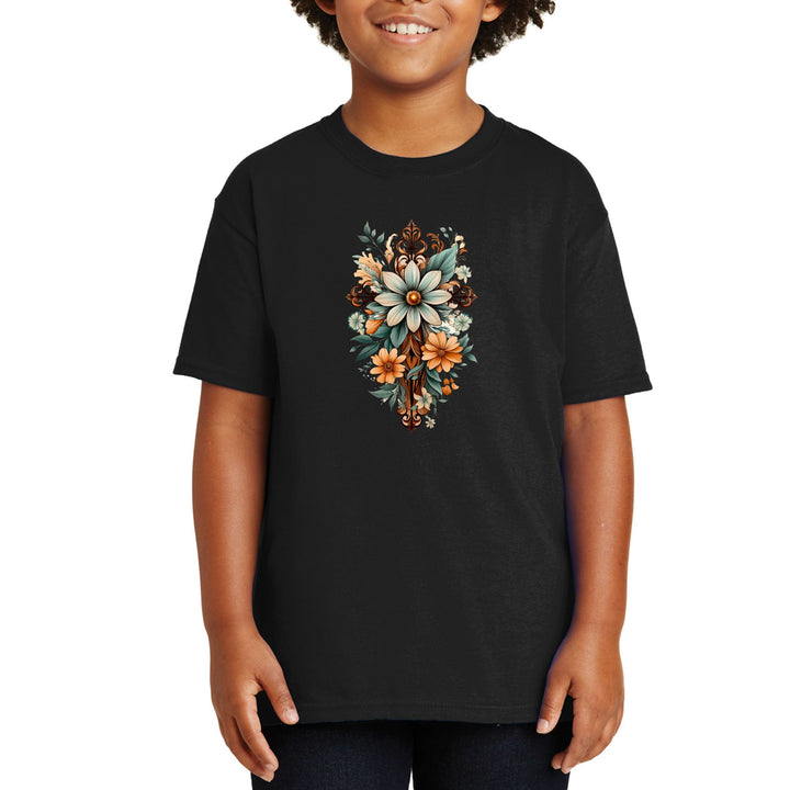 Youth Short Sleeve Graphic T-shirt - Christian Cross Floral Bouquet