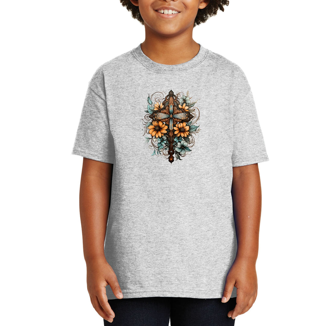 Youth Short Sleeve Graphic T-shirt Christian Cross Floral Bouquet - Youth