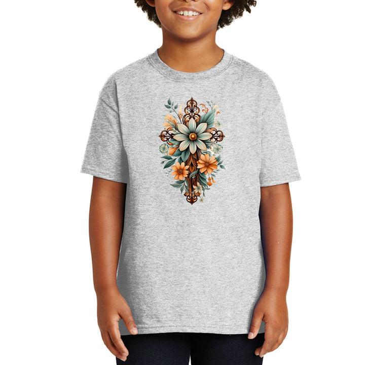 Youth Short Sleeve Graphic T-shirt - Christian Cross Floral Bouquet