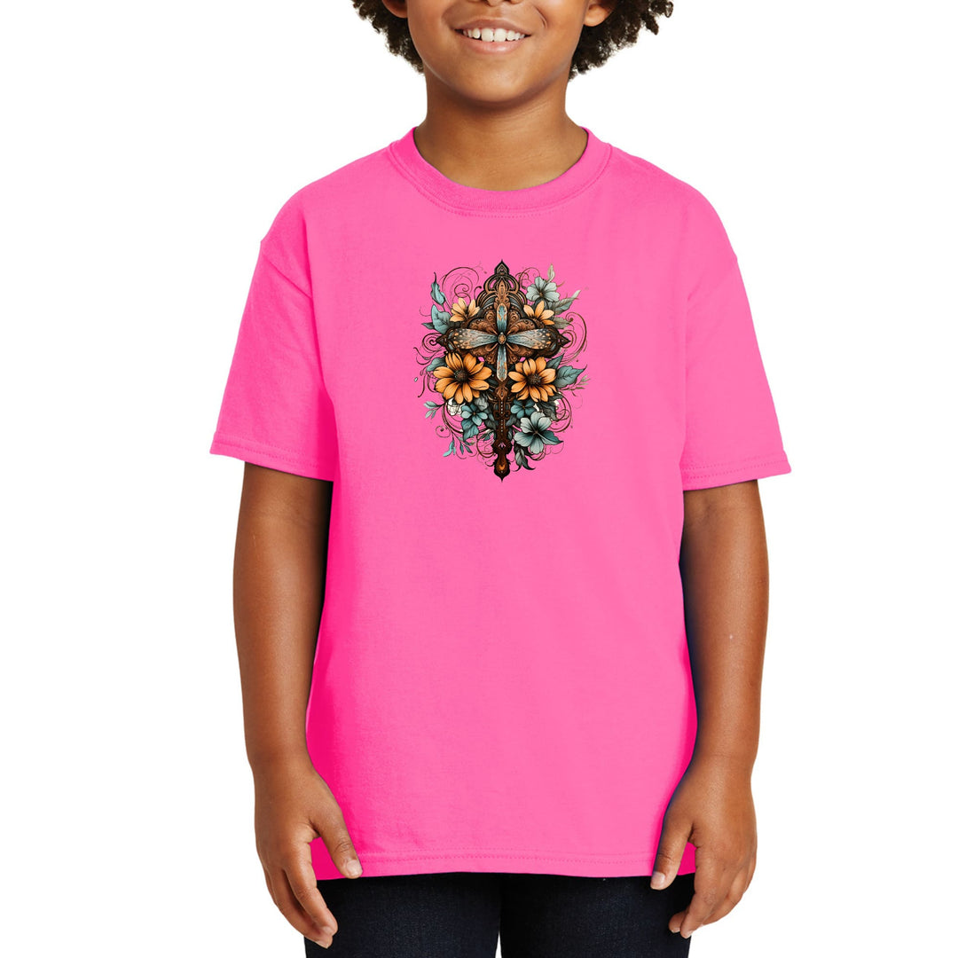 Youth Short Sleeve Graphic T-shirt Christian Cross Floral Bouquet - Youth