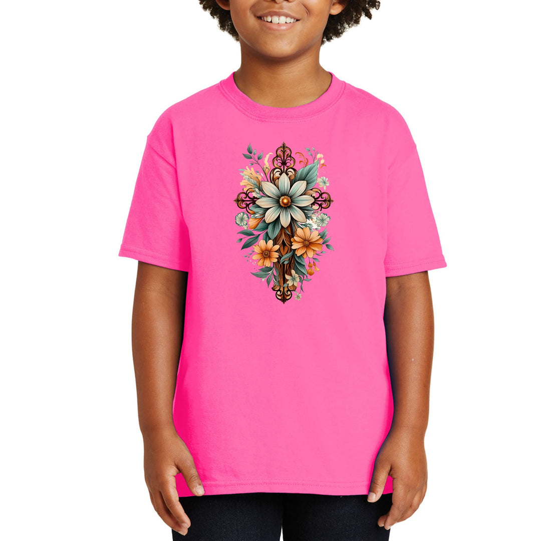 Youth Short Sleeve Graphic T-shirt - Christian Cross Floral Bouquet