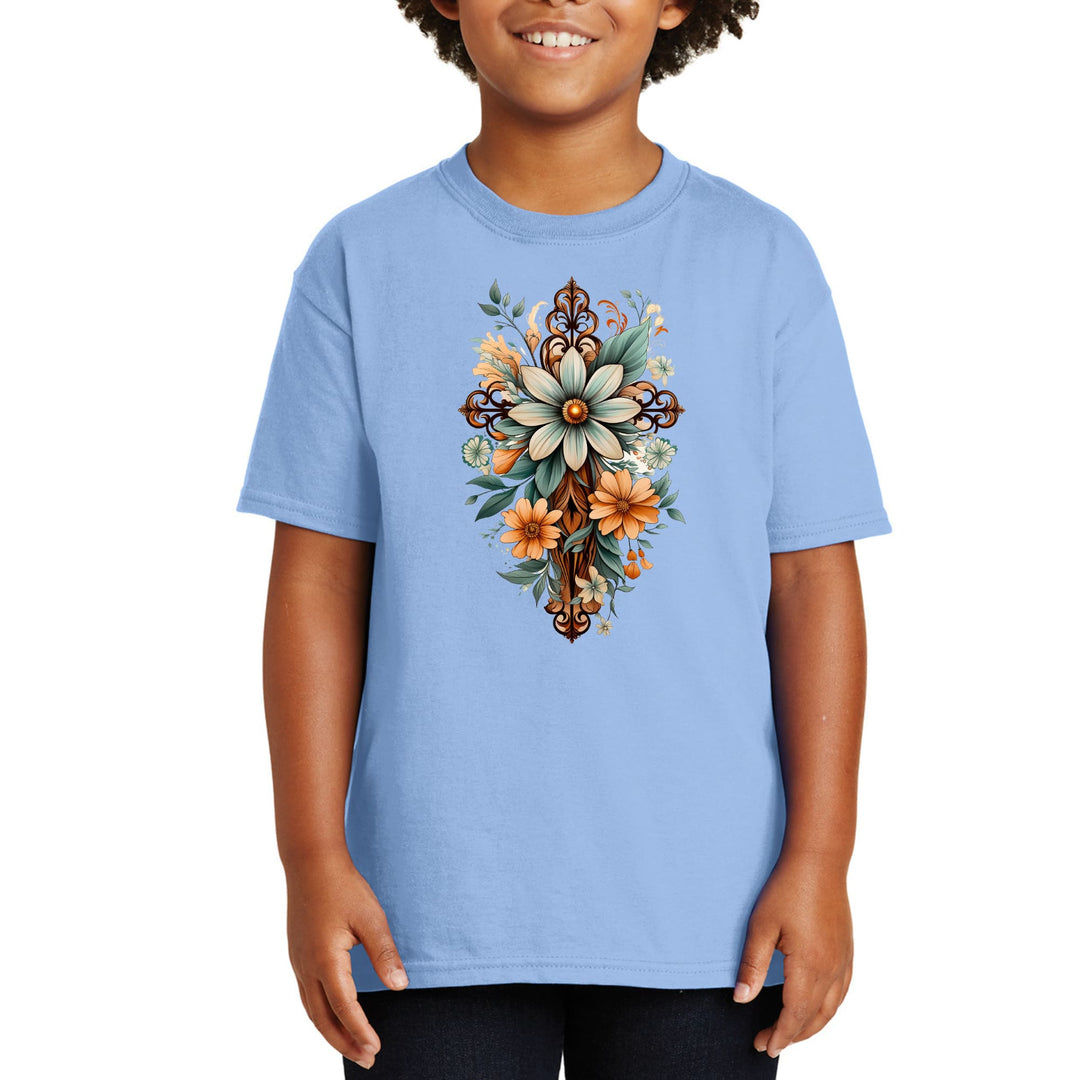 Youth Short Sleeve Graphic T-shirt - Christian Cross Floral Bouquet