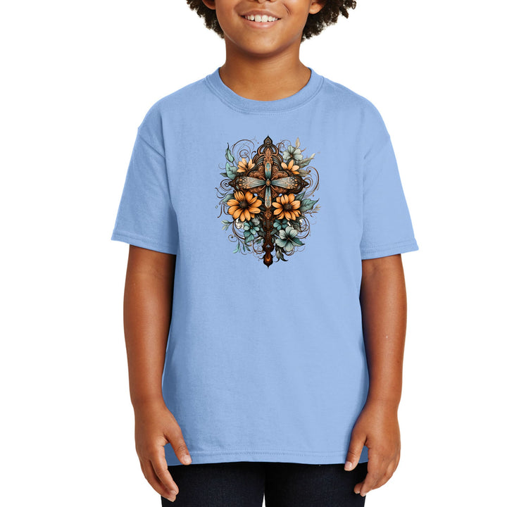 Youth Short Sleeve Graphic T-shirt Christian Cross Floral Bouquet - Youth