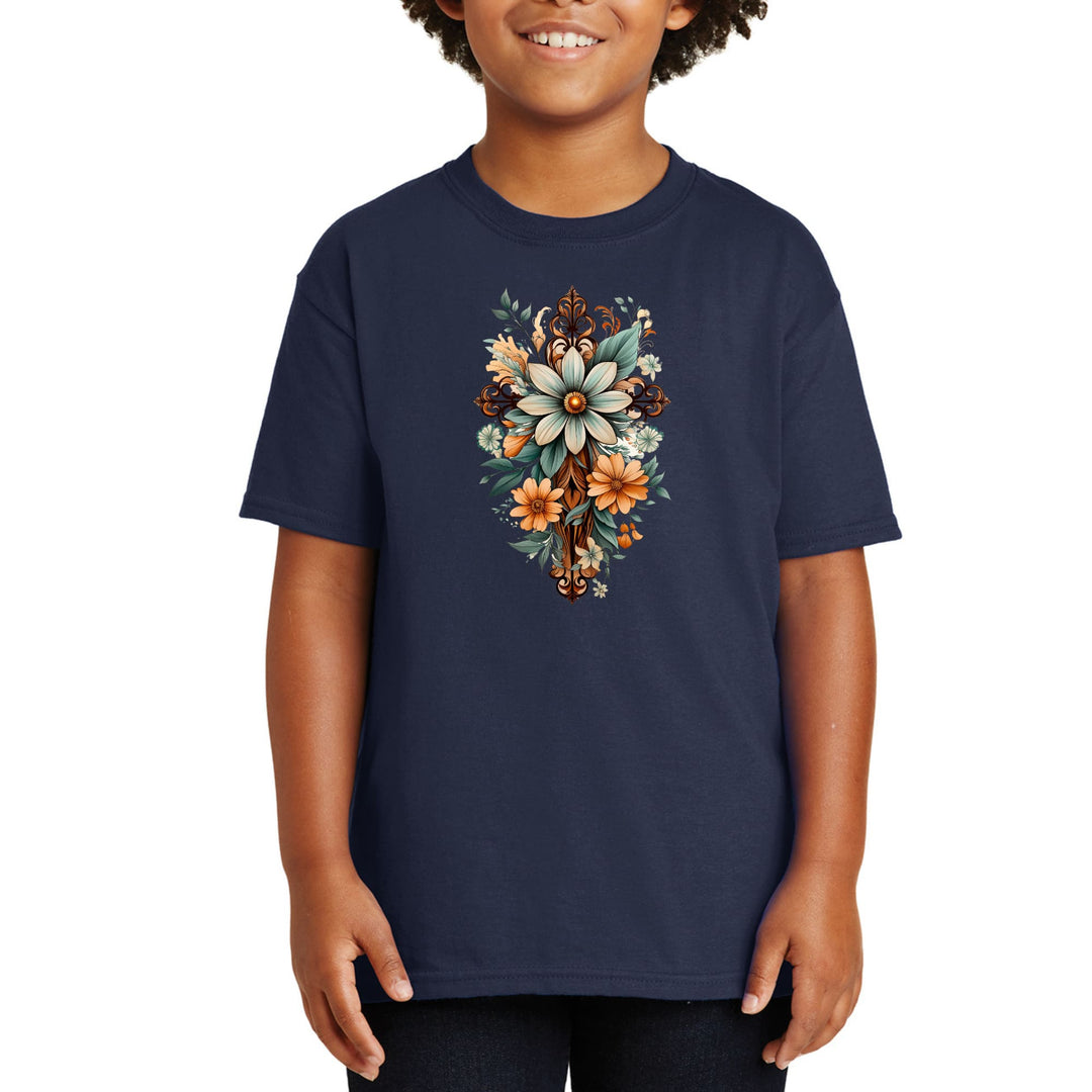 Youth Short Sleeve Graphic T-shirt - Christian Cross Floral Bouquet