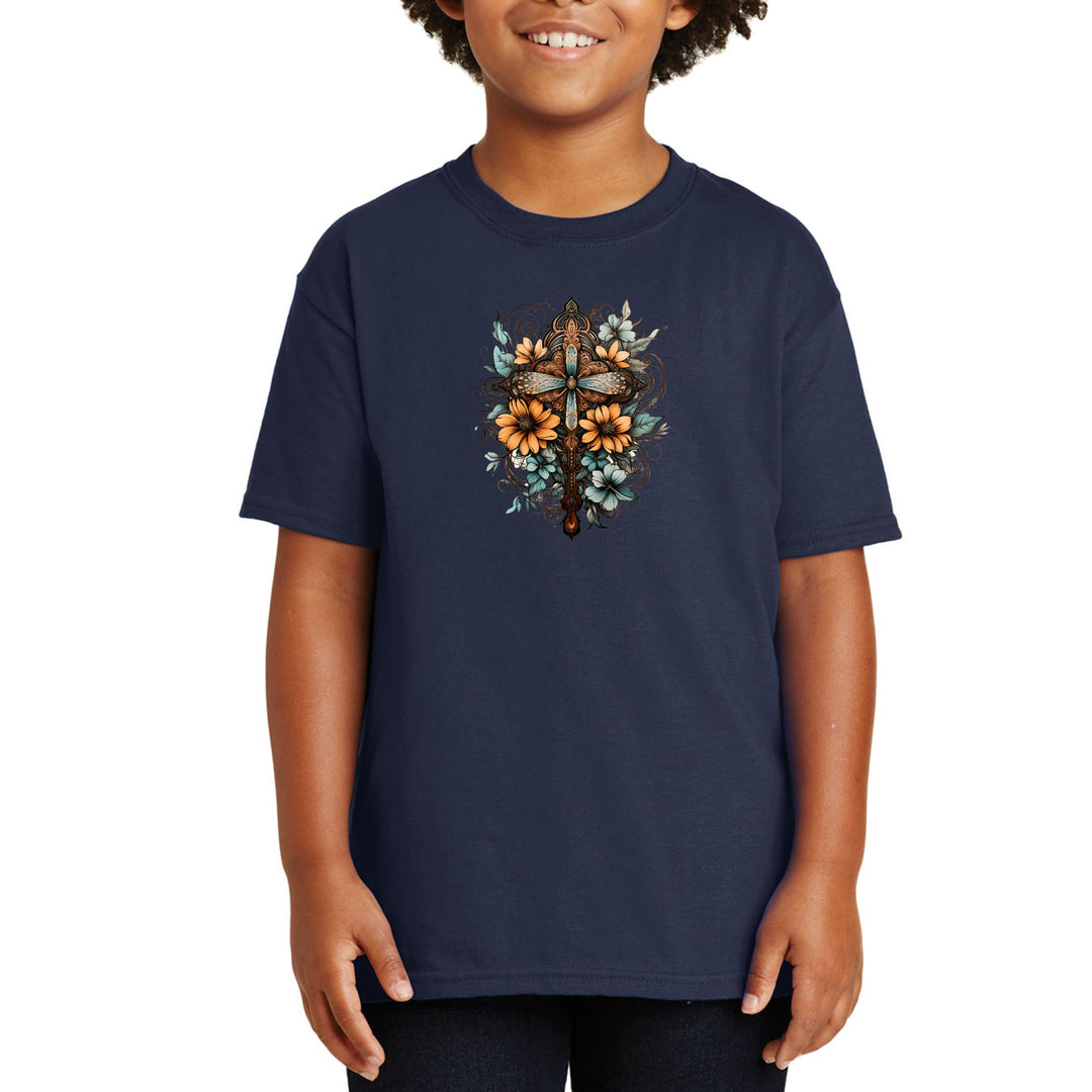 Youth Short Sleeve Graphic T-shirt Christian Cross Floral Bouquet - Youth