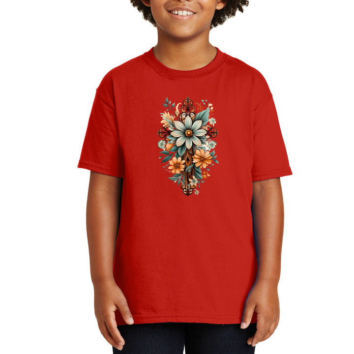 Youth Short Sleeve Graphic T-shirt - Christian Cross Floral Bouquet