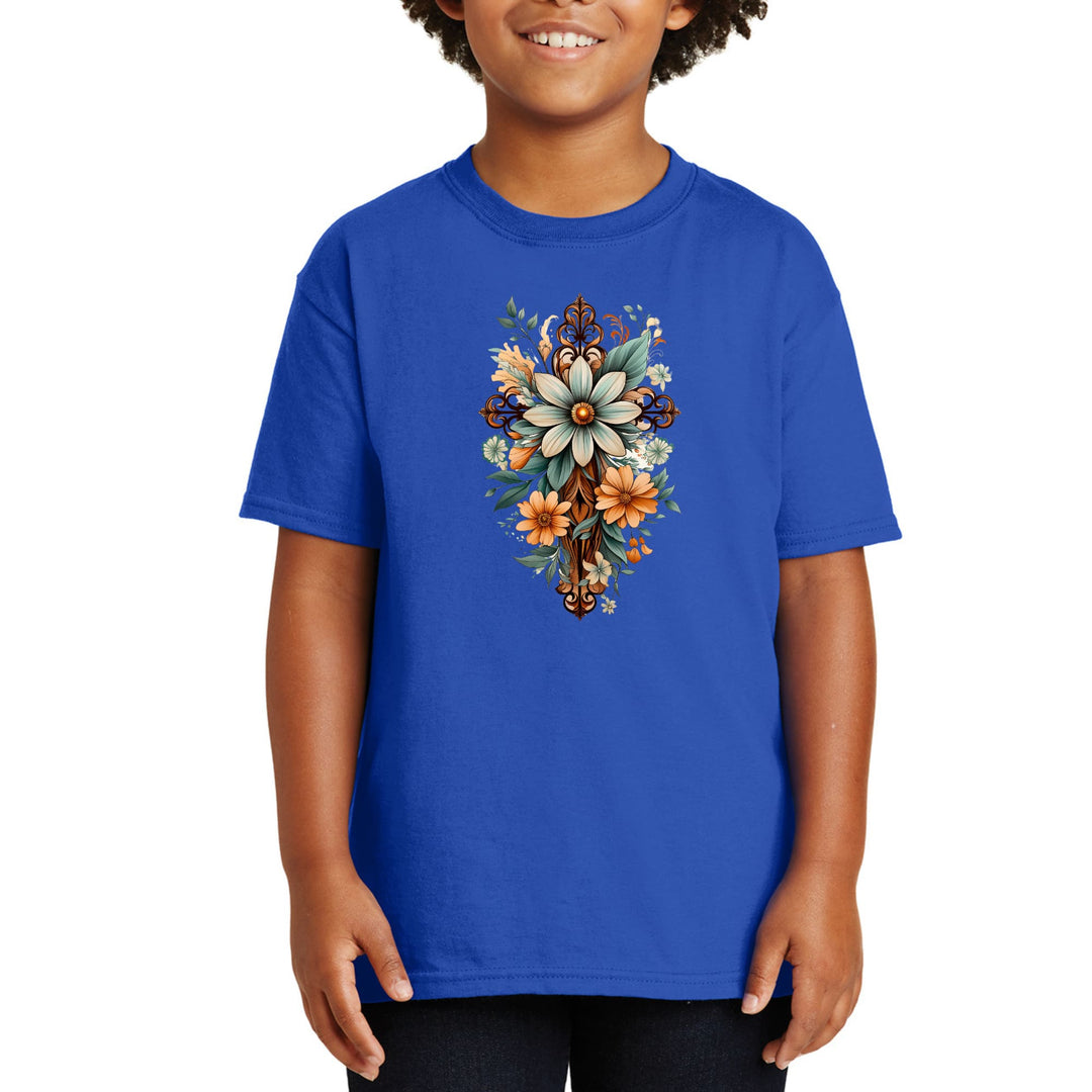 Youth Short Sleeve Graphic T-shirt - Christian Cross Floral Bouquet