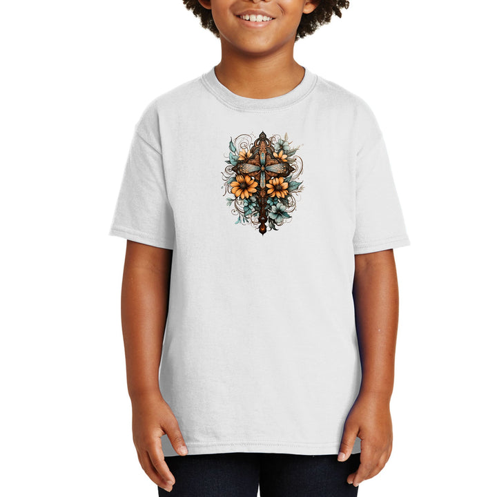 Youth Short Sleeve Graphic T-shirt Christian Cross Floral Bouquet - Youth