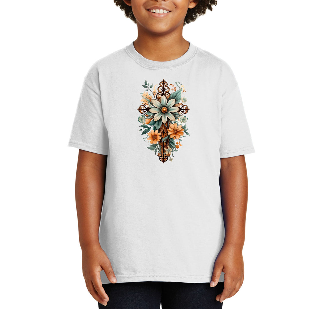 Youth Short Sleeve Graphic T-shirt - Christian Cross Floral Bouquet