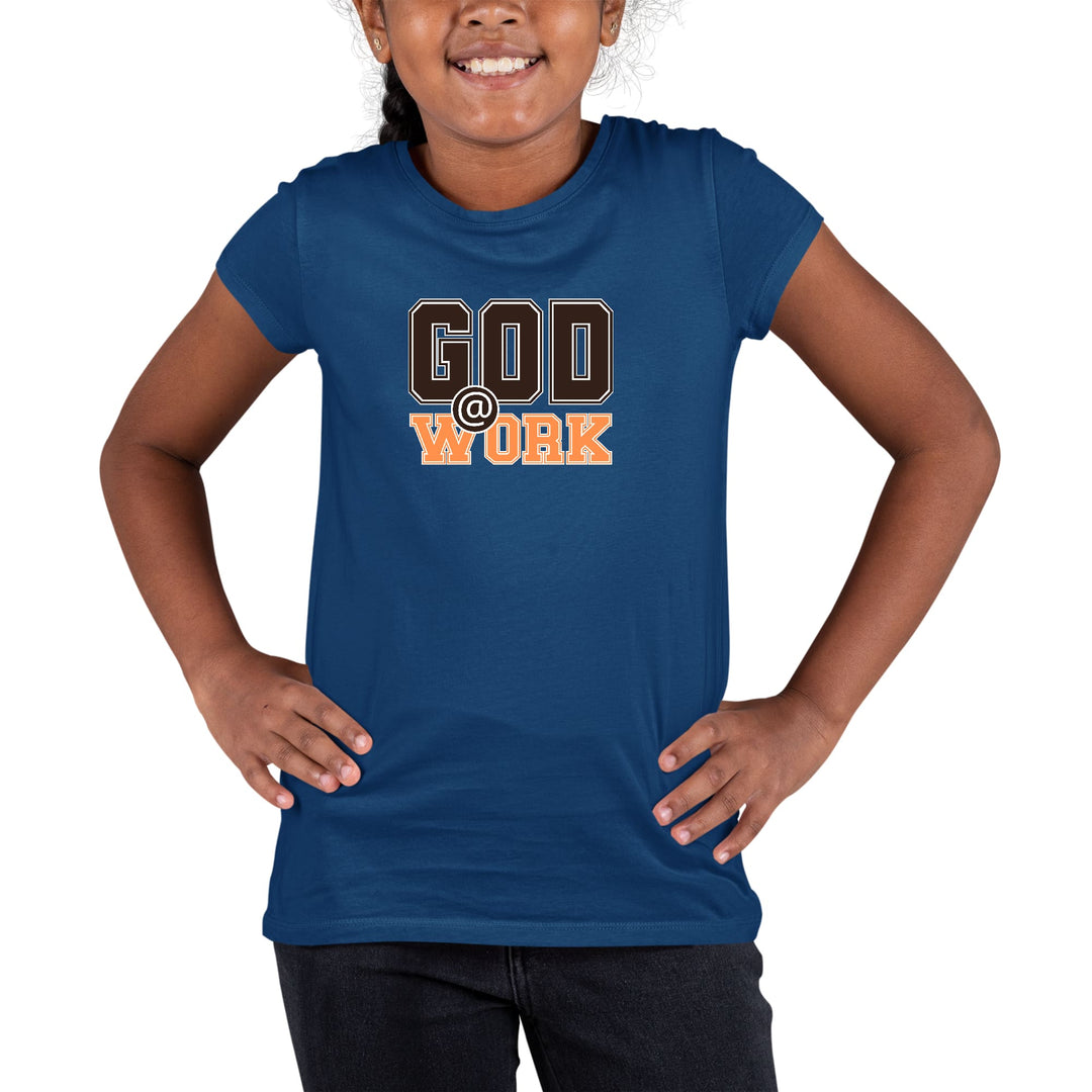 Youth Short Sleeve Graphic T-shirt God @ Work Brown and Orange Print - Girls