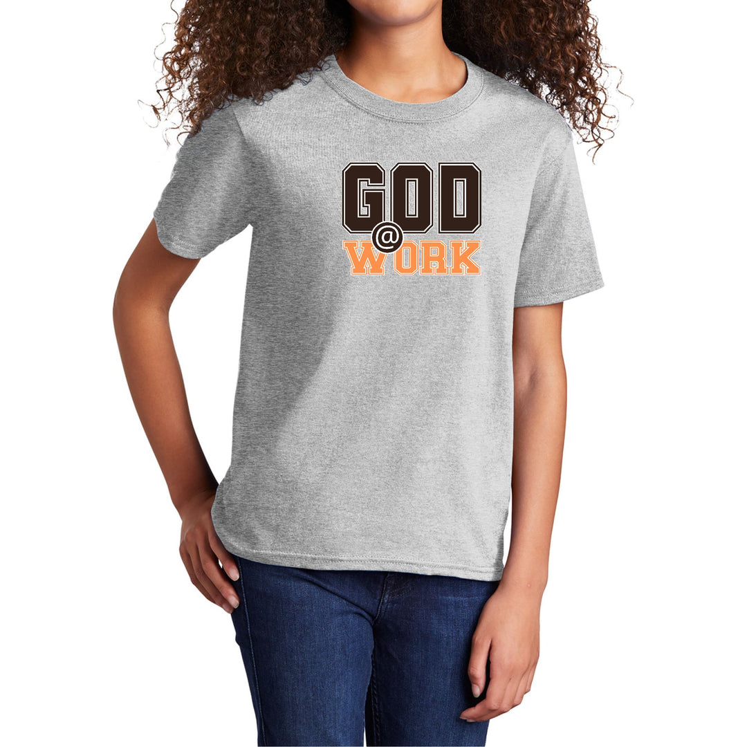 Youth Short Sleeve Graphic T-shirt God @ Work Brown and Orange Print - Girls