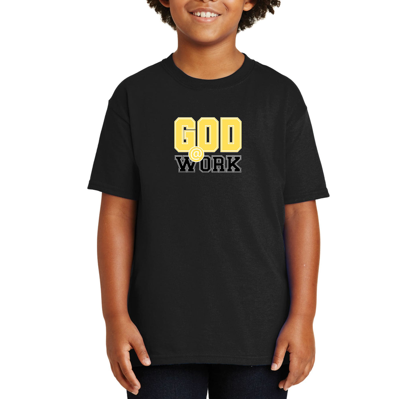 Youth Short Sleeve Graphic T-shirt God @ Work Yellow And Black Print - Youth