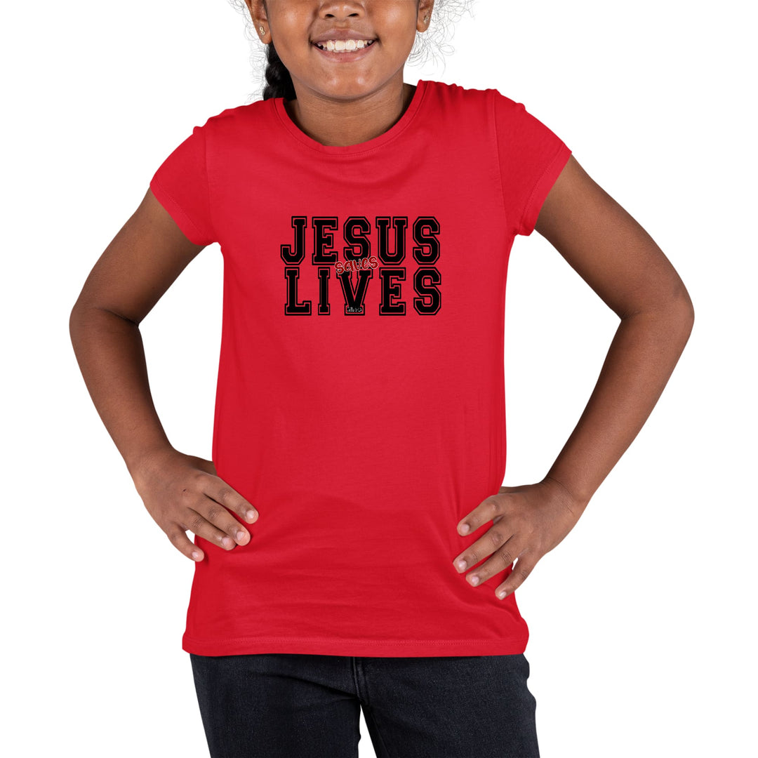 Youth Short Sleeve Graphic T-shirt Jesus Saves Lives Black Red - Girls
