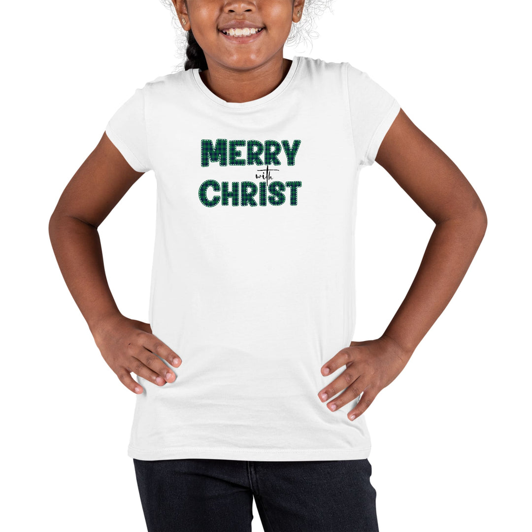 Youth Short Sleeve Graphic T-shirt Merry with Christ Green Plaid - Girls