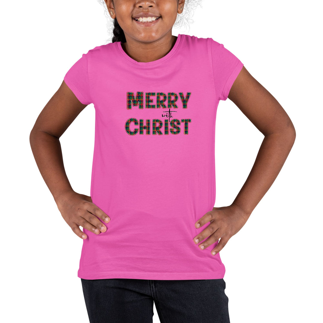 Youth Short Sleeve Graphic T-shirt Merry With Christ Red And Green - Girls
