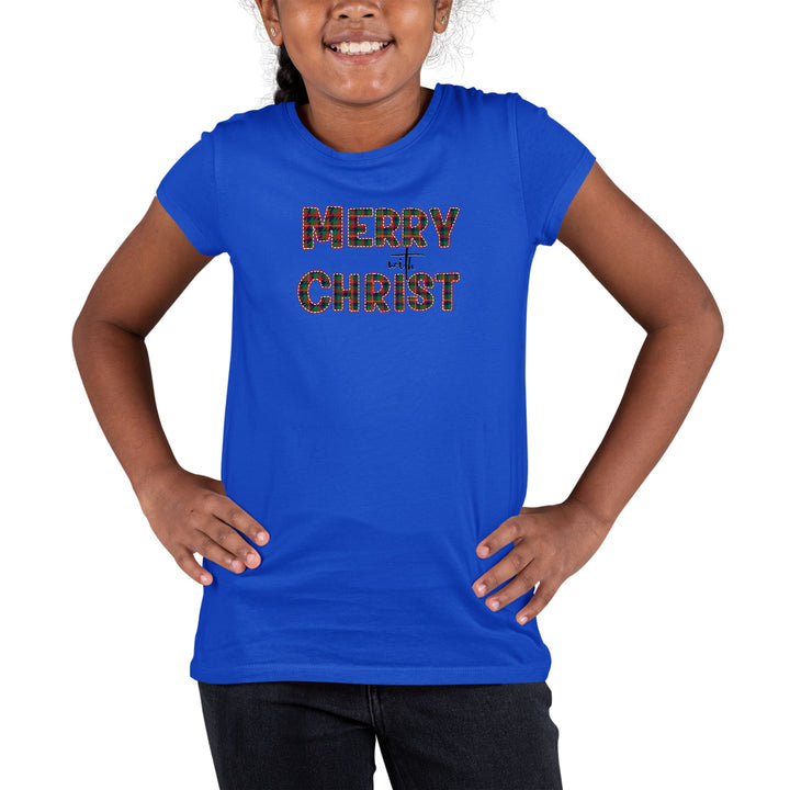 Youth Short Sleeve Graphic T-shirt Merry With Christ Red And Green - Girls