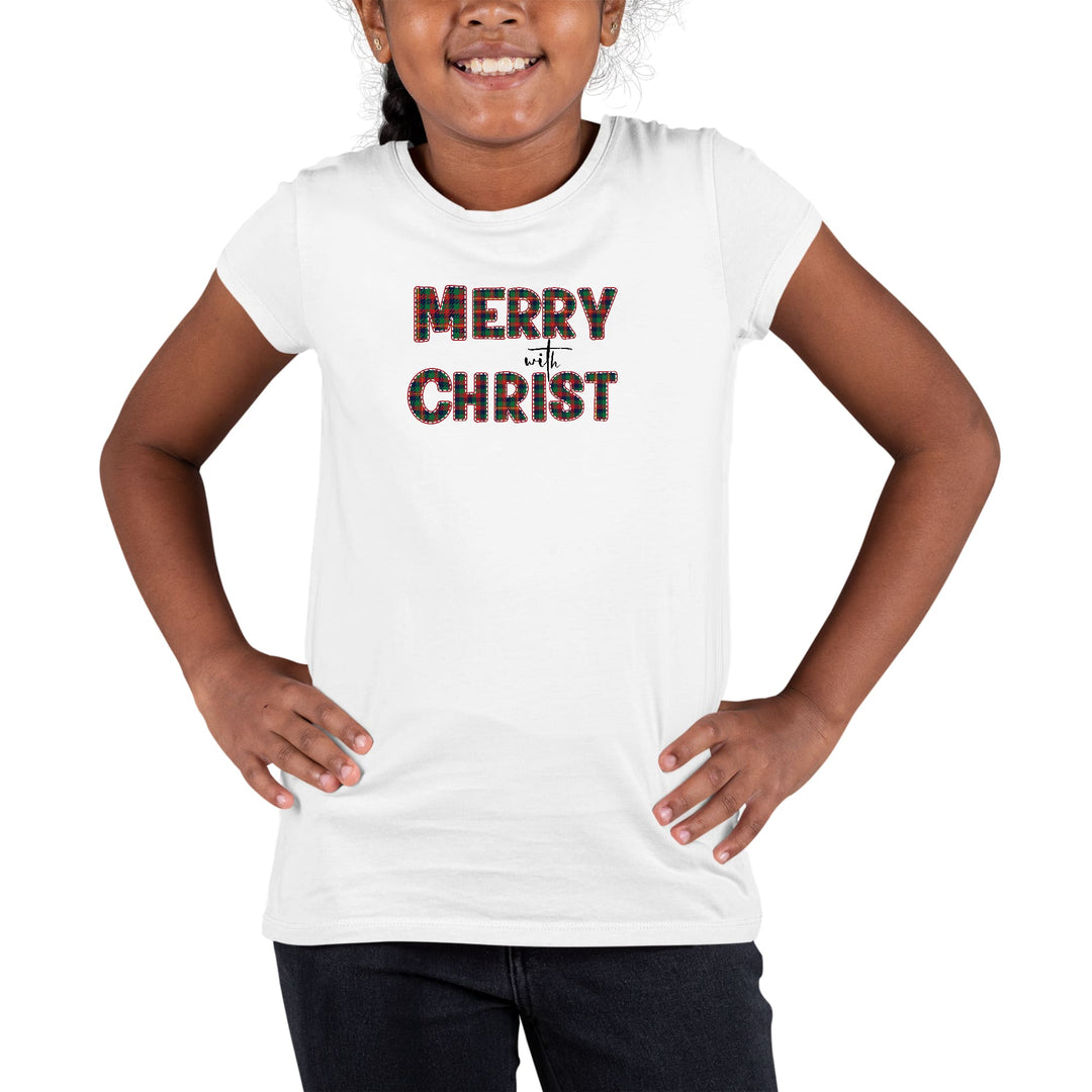 Youth Short Sleeve Graphic T-shirt Merry With Christ Red And Green - Girls