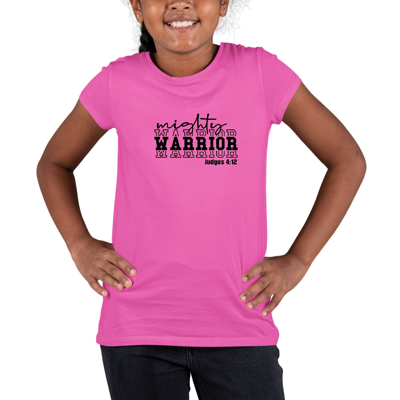 Youth Short Sleeve Graphic T-shirt Mighty Warrior Black Illustration - Girls