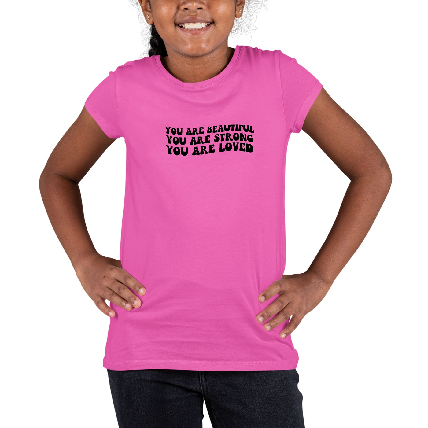 Youth Short Sleeve Graphic T-shirt You Are Beautiful Strong Black - Girls