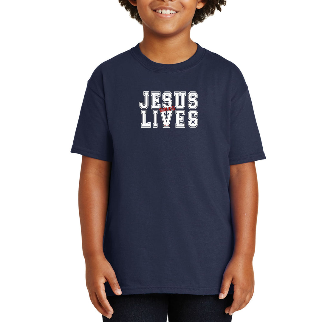 Youth Short Sleeve T-shirt Jesus Saves Lives White Red Illustration