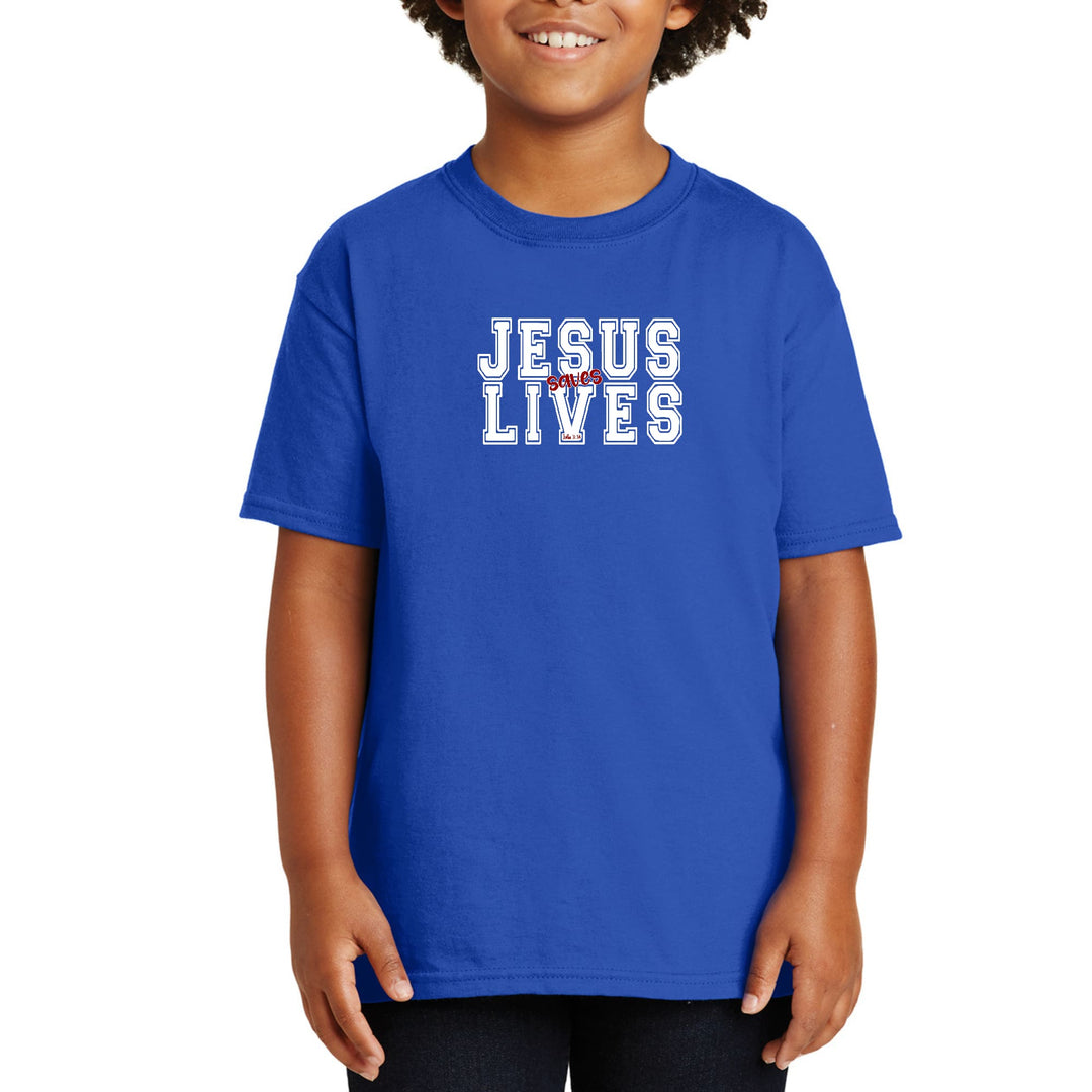 Youth Short Sleeve T-shirt Jesus Saves Lives White Red Illustration