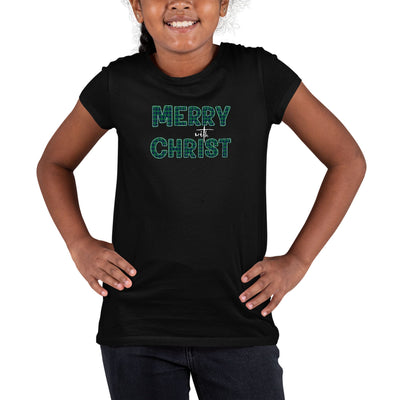 Youth Short Sleeve T - shirt Merry With Christ Green Plaid Christmas - Girls