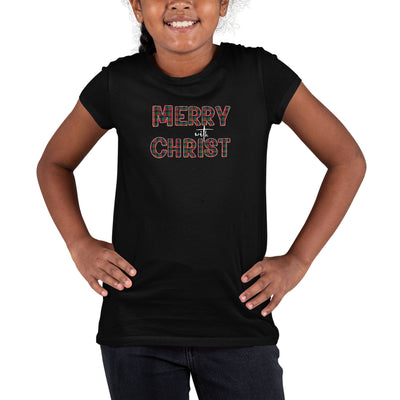 Youth Short Sleeve T - shirt Merry With Christ Red And Green Plaid - Girls | T