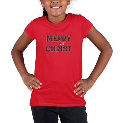 Youth Short Sleeve T - shirt Merry With Christ Red And Green Plaid - Girls | T