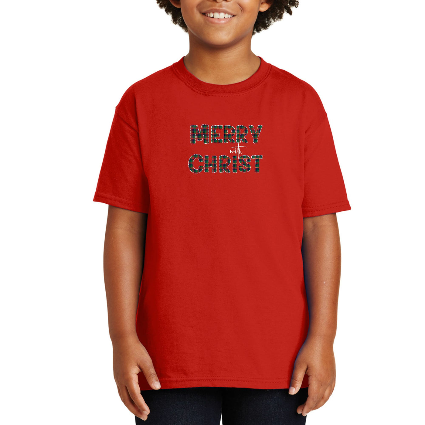 Youth Short Sleeve T - shirt Merry With Christ Red And Green Plaid - T - Shirts