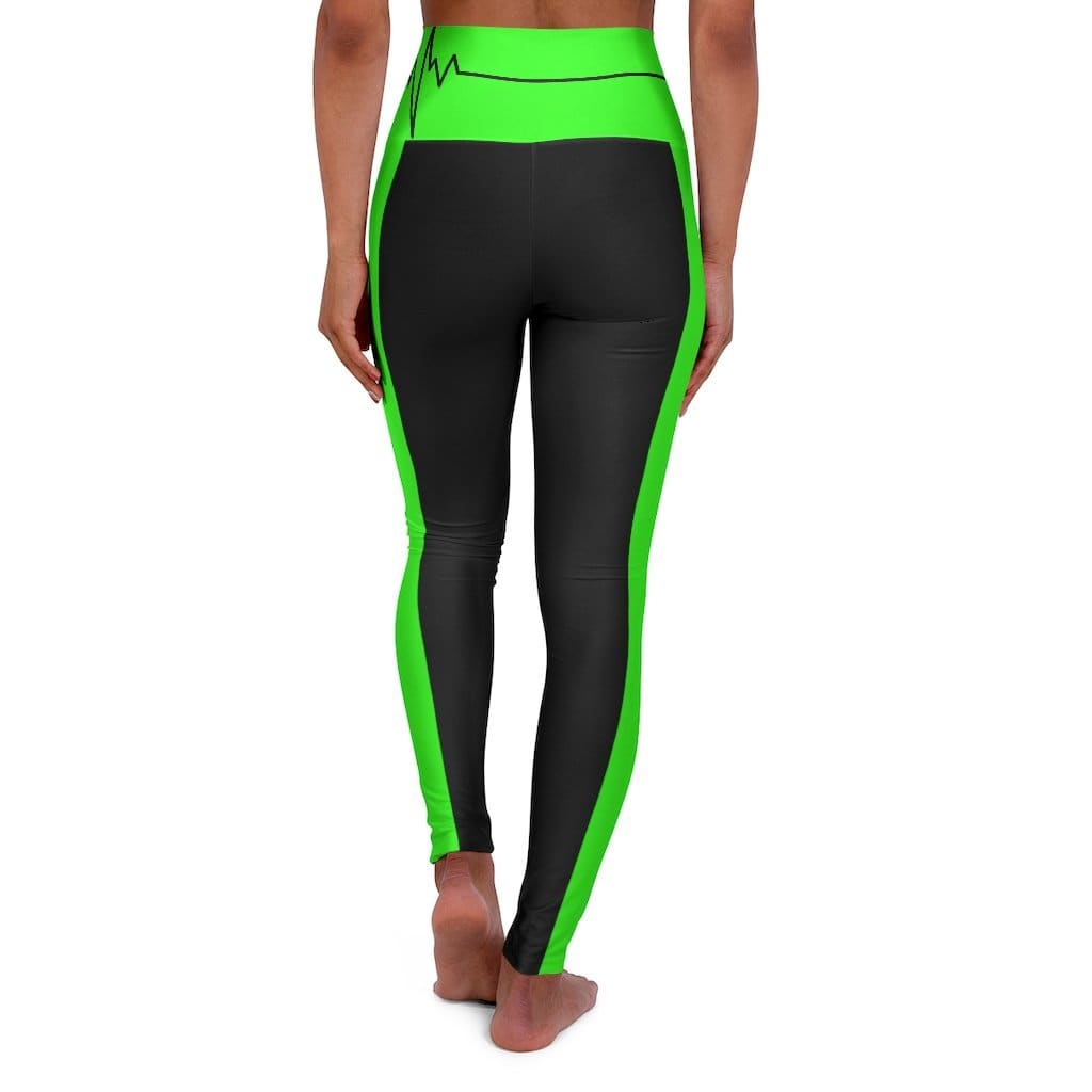 High Waisted Yoga Leggings - Black and Neon Green Beating Heart Sports Pants