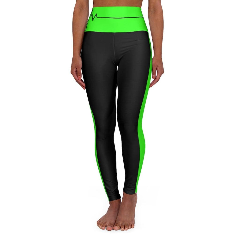 High Waisted Yoga Leggings - Black and Neon Green Beating Heart Sports Pants