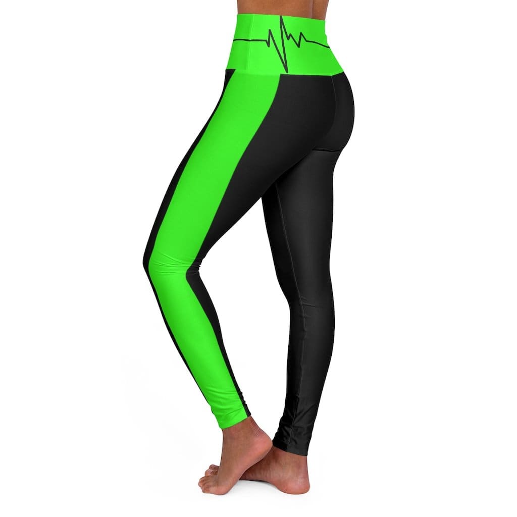 High Waisted Yoga Leggings - Black and Neon Green Beating Heart Sports Pants