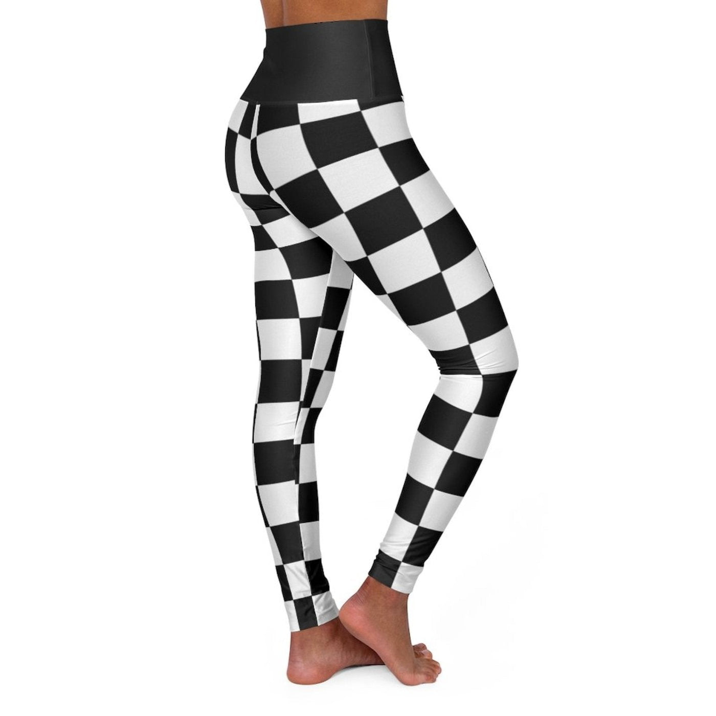 High Waisted Yoga Leggings Black And White Checker Style Fitness Pants - Womens