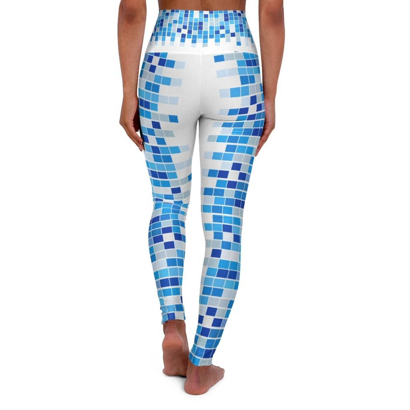 High Waisted Yoga Leggings Blue And White Mosaic Square Style Pants - Womens |