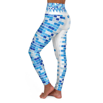 High Waisted Yoga Leggings Blue And White Mosaic Square Style Pants - Womens |