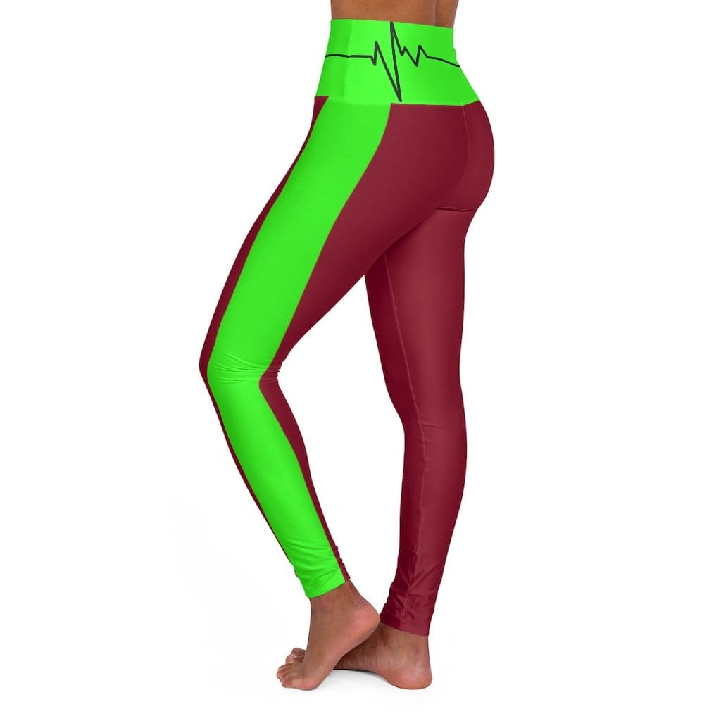 High Waisted Yoga Leggings Dark Red and Neon Green Beating Heart Sports Pants